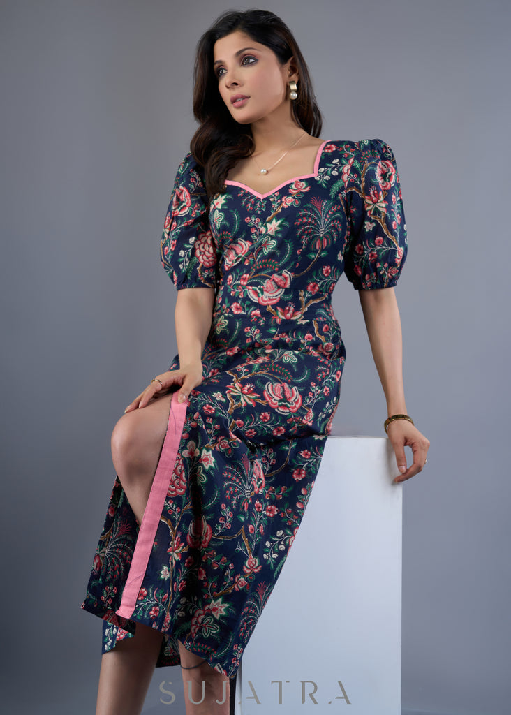 Elegant Navy Blue Cotton Floral Slit Midi Dress