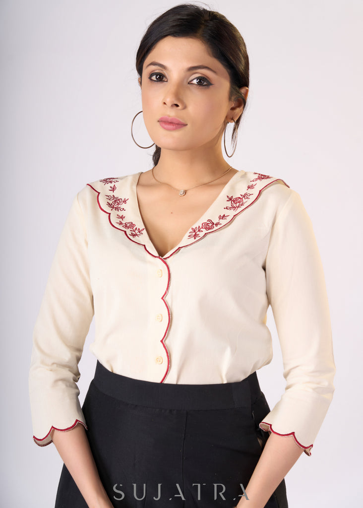 Classy Off-white cotton top with maroon embroidery & scallops detailing - Skirt Optional