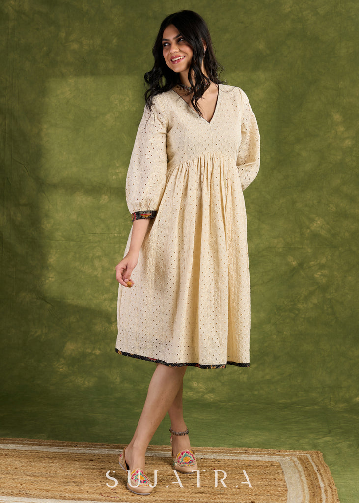 Cream Hakoba Casual Dress. Soft Cream Cotton Dress With Intricate Eyelet Hakoba Details