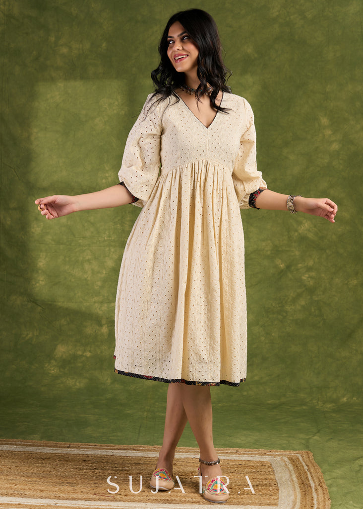 Cream Hakoba Casual Dress. Soft Cream Cotton Dress With Intricate Eyelet Hakoba Details