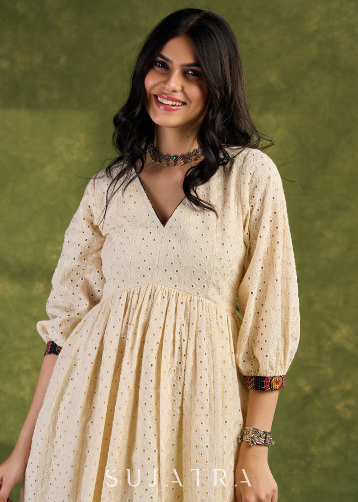 Cream Hakoba Casual Dress. Soft Cream Cotton Dress With Intricate Eyelet Hakoba Details