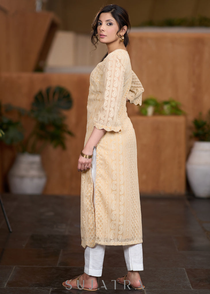 Flowy Beige Chikankari kurta with scallops on hemline & sleeves pant Optional