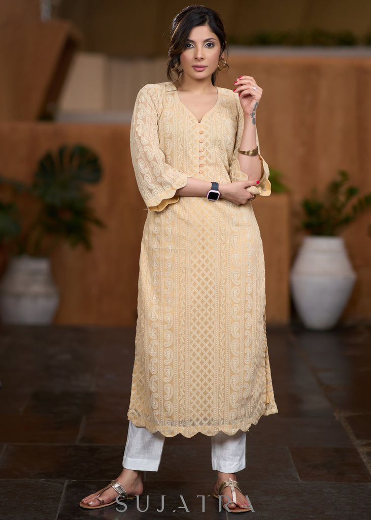 Flowy Beige Chikankari kurta with scallops on hemline & sleeves pant Optional