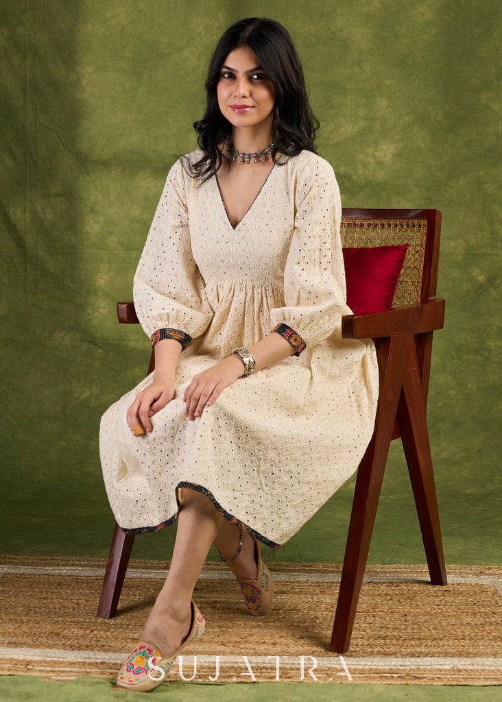 Cream Hakoba Casual Dress. Soft Cream Cotton Dress With Intricate Eyelet Hakoba Details