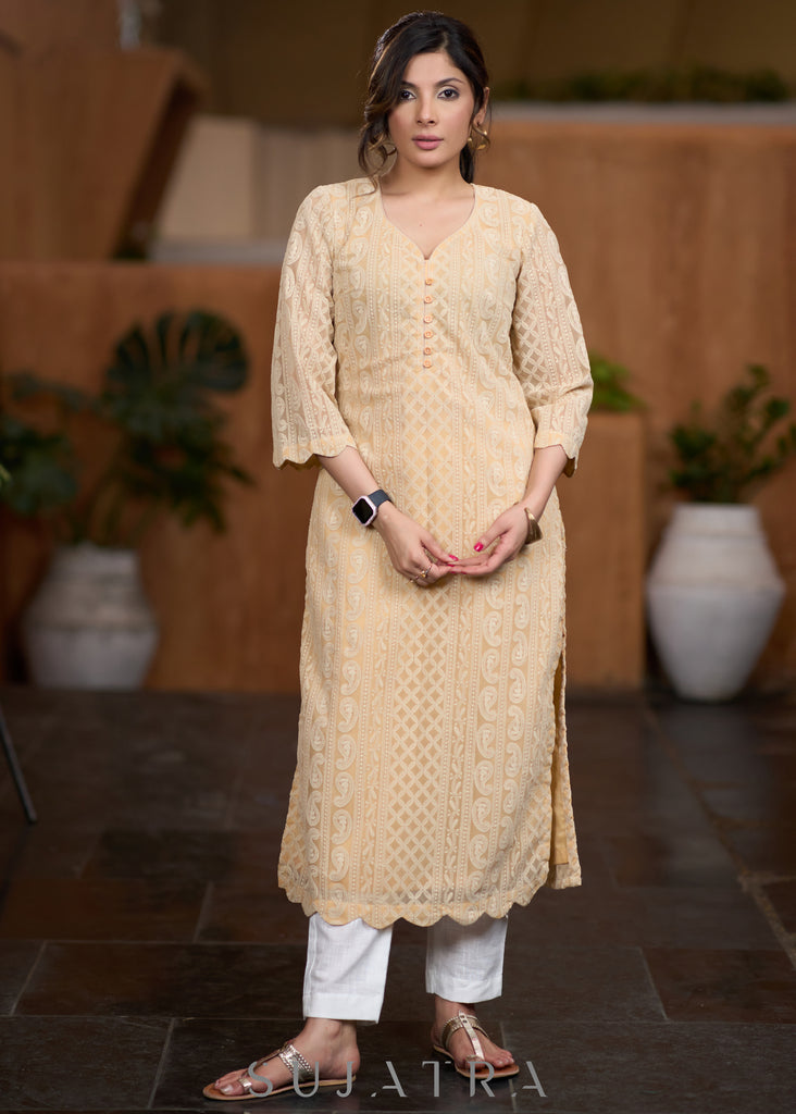 Flowy Beige Chikankari kurta with scallops on hemline & sleeves pant Optional