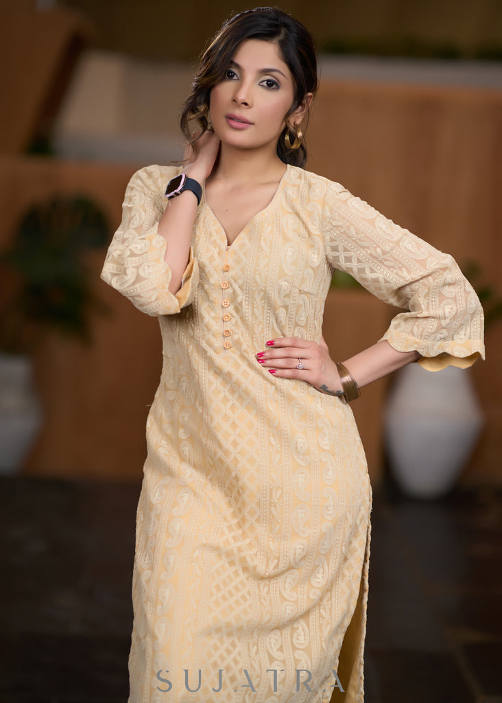 Flowy Beige Chikankari kurta with scallops on hemline & sleeves pant Optional