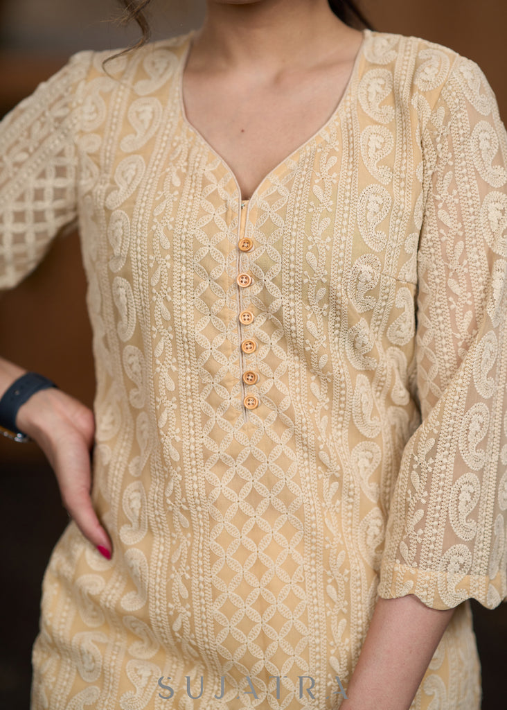 Flowy Beige Chikankari kurta with scallops on hemline & sleeves pant Optional