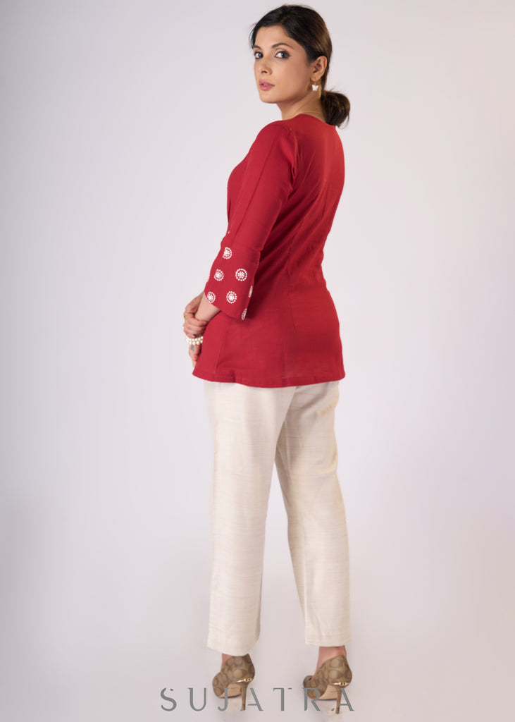 Trendy Maroon cotton top with embroidery on waist yoke & sleeves - Pant Additional