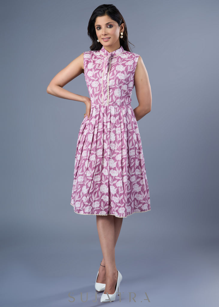 Smart Pinkish Lavender Cotton Printed Dress