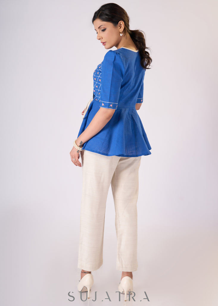 Cobalt blue peplum top with embroidery - Pant Optional