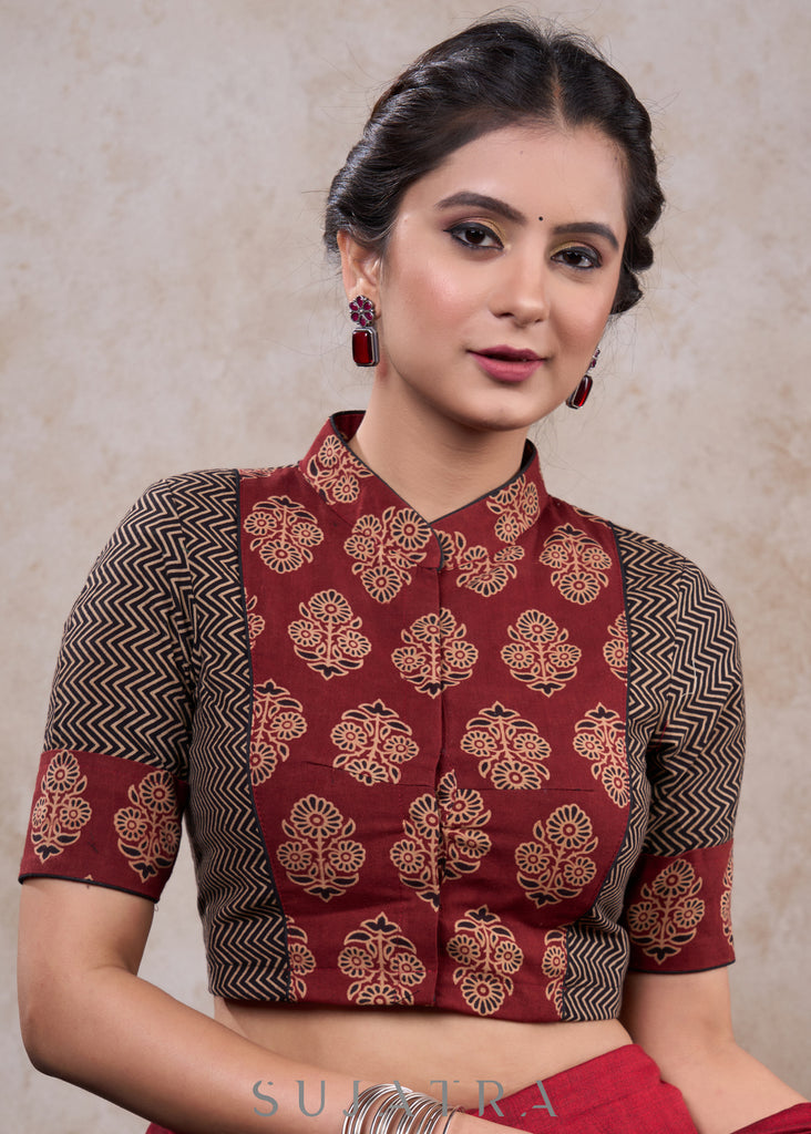 Exclusive maroon ajrakh high neck combination blouse