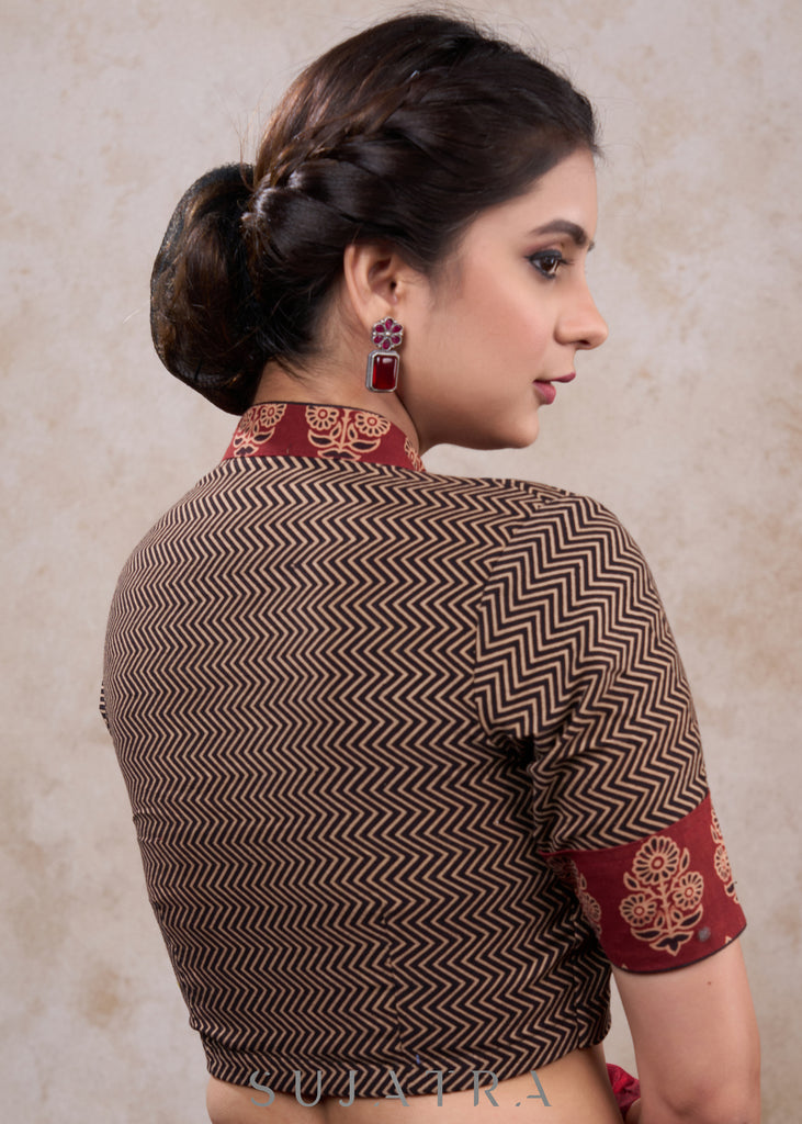 Exclusive maroon ajrakh high neck combination blouse