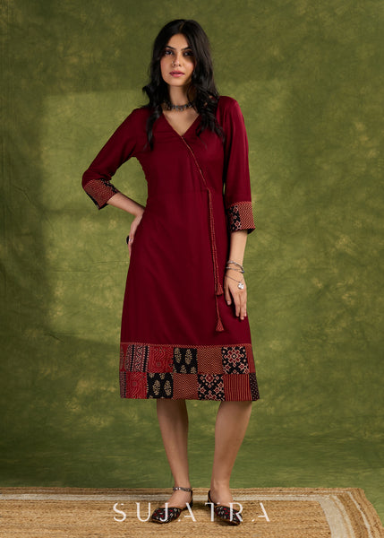 Rich Maroon Rayon Wrap Dress With Ajrakh Patchwork