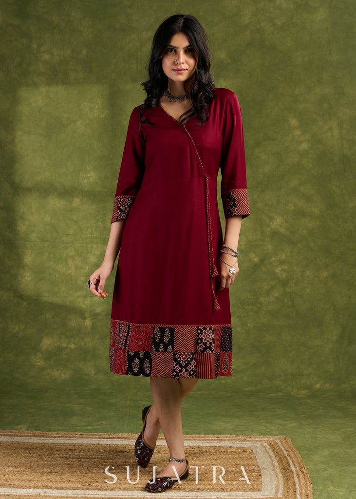 Rich Maroon Rayon Wrap Dress With Ajrakh Patchwork