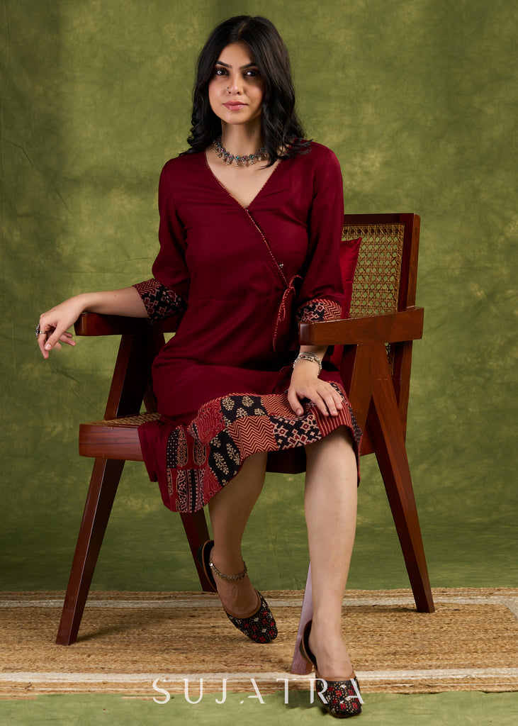 Rich Maroon Rayon Wrap Dress With Ajrakh Patchwork