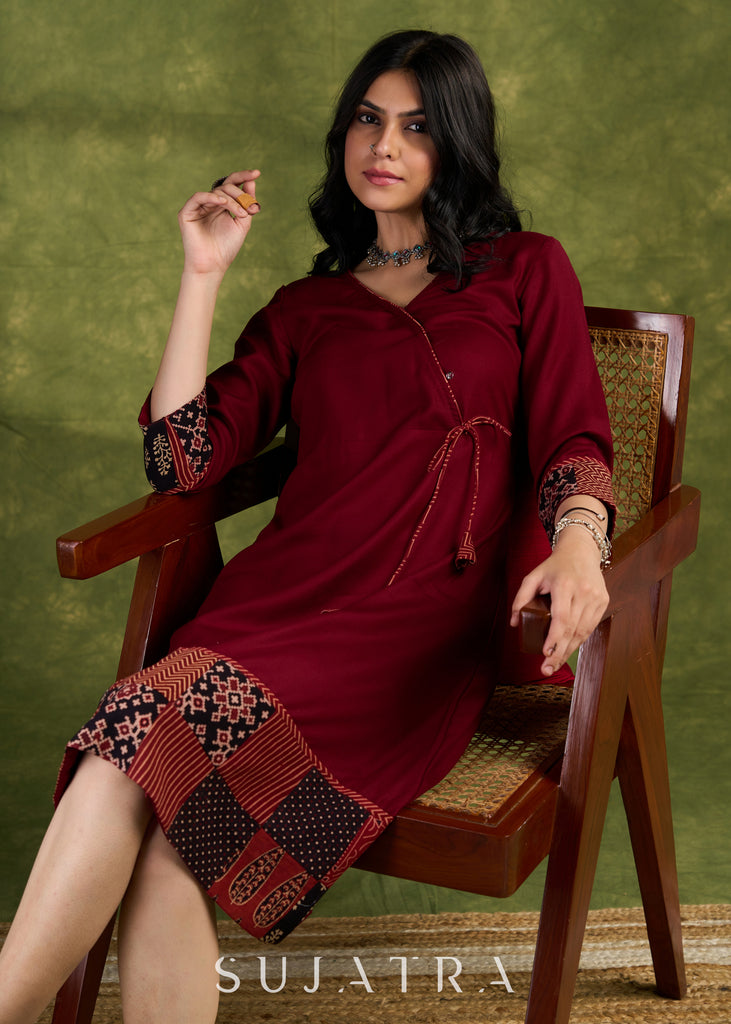 Rich Maroon Rayon Wrap Dress With Ajrakh Patchwork