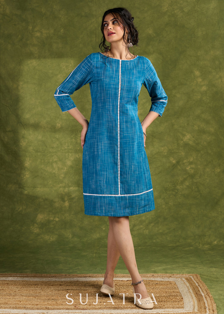 Elegant Blue Slub Cotton Dress. Subtle Hues Combined With Effortless Sophistication