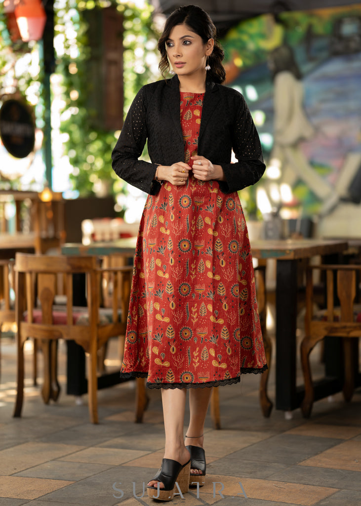 Stlyish red cotton kantha printed dress with black hakoba shrug