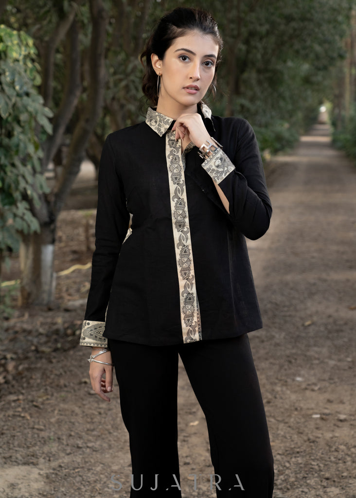 Elegant Black Cotton Shirt Highlighted with Madhubani Patchwork Combination