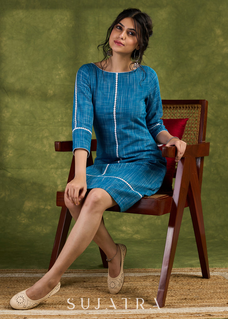 Elegant Blue Slub Cotton Dress. Subtle Hues Combined With Effortless Sophistication