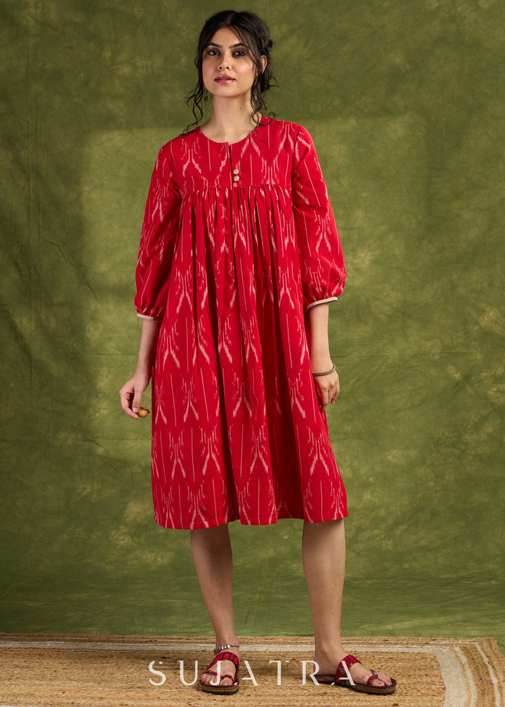 Red Ikat Boho Dress: Eye-Catching Red Ikat Cotton Dress With Bold Ikat Patterns