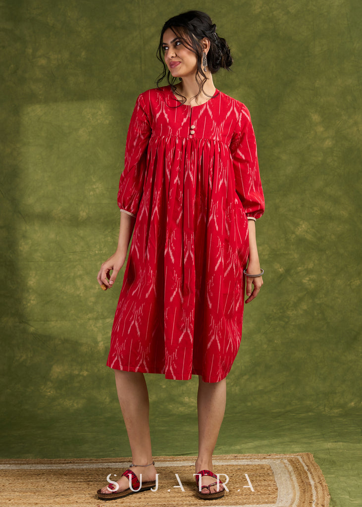 Red Ikat Boho Dress: Eye-Catching Red Ikat Cotton Dress With Bold Ikat Patterns