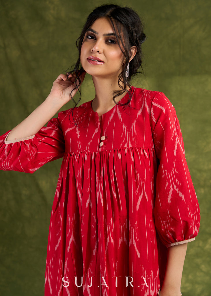 Red Ikat Boho Dress: Eye-Catching Red Ikat Cotton Dress With Bold Ikat Patterns