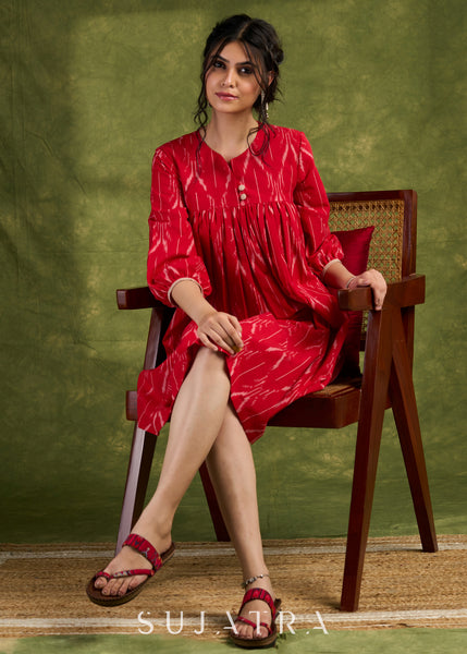 Red Ikat Boho Dress: Eye-Catching Red Ikat Cotton Dress With Bold Ikat Patterns