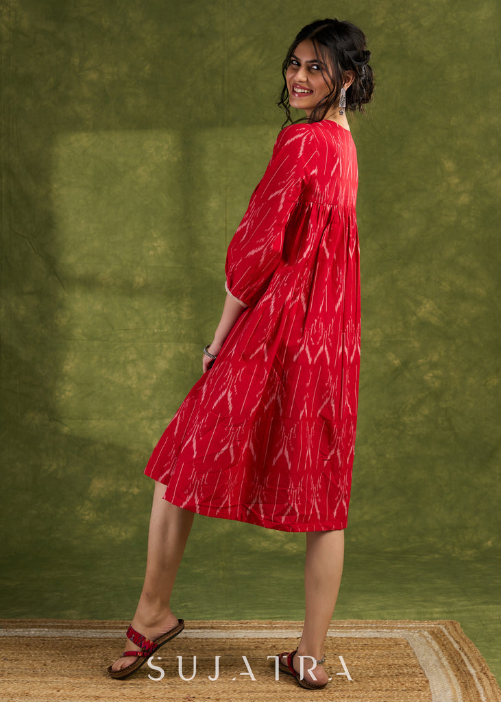 Red Ikat Boho Dress: Eye-Catching Red Ikat Cotton Dress With Bold Ikat Patterns