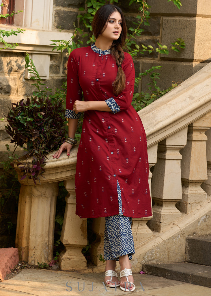 Comfortable maroon cotton kurta with stylish indigo highlights - Indigo pants Optional