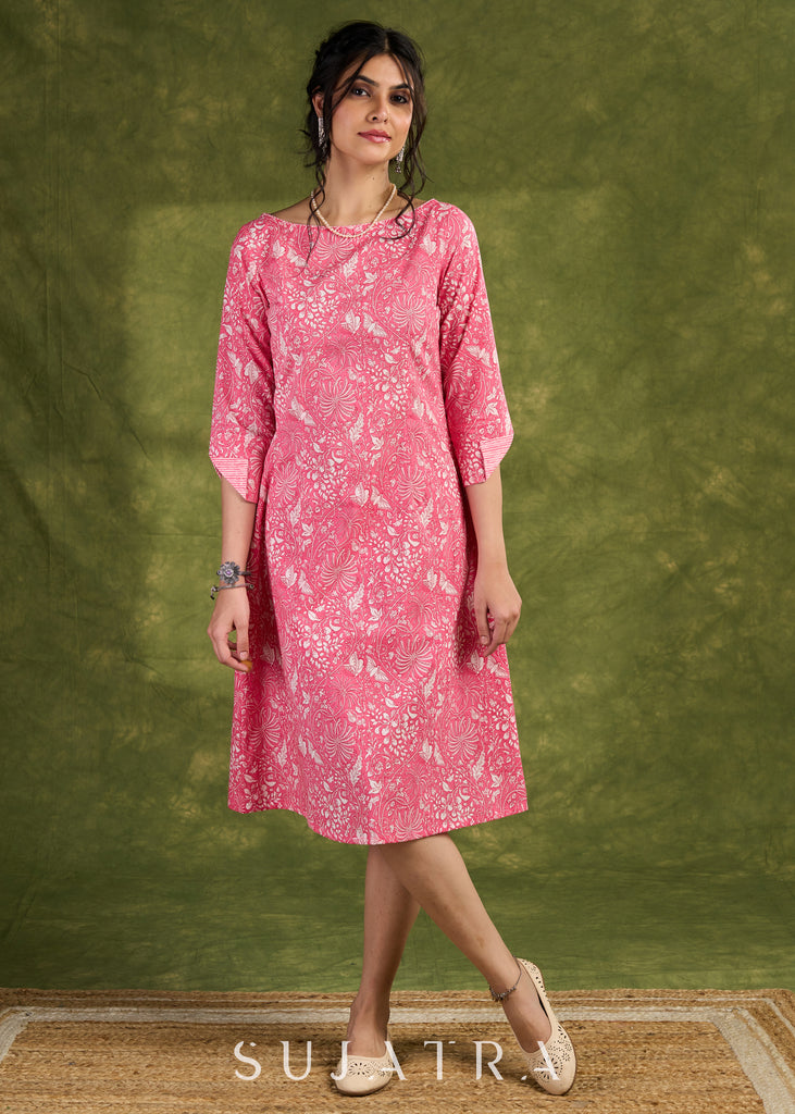 Pink Floral Cotton Dress - Playful Pink Dress With Intricate White Floral Patterns