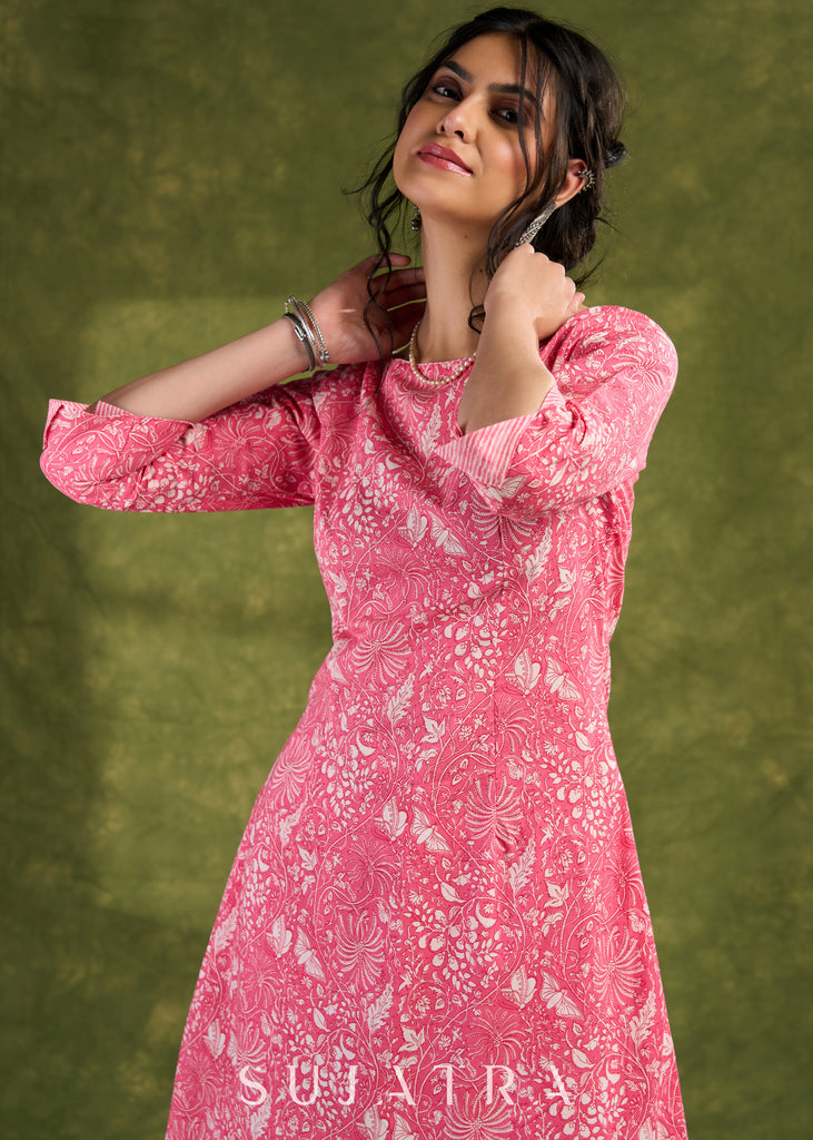 Pink Floral Cotton Dress - Playful Pink Dress With Intricate White Floral Patterns