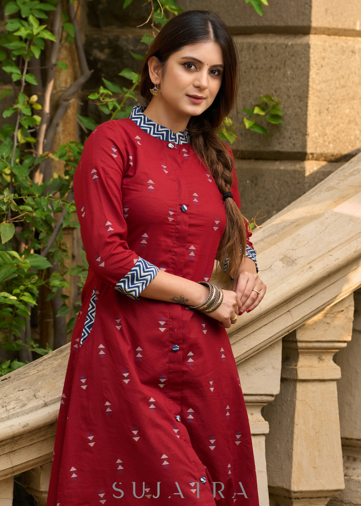 Comfortable maroon cotton kurta with stylish indigo highlights - Indigo pants Optional