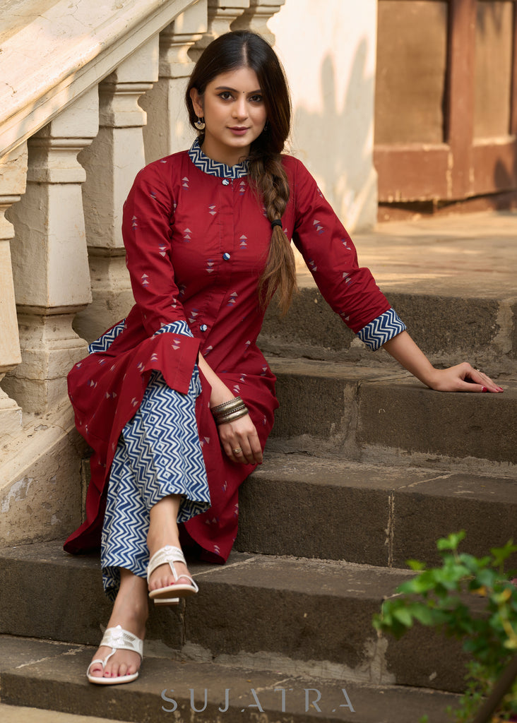 Comfortable maroon cotton kurta with stylish indigo highlights - Indigo pants Optional