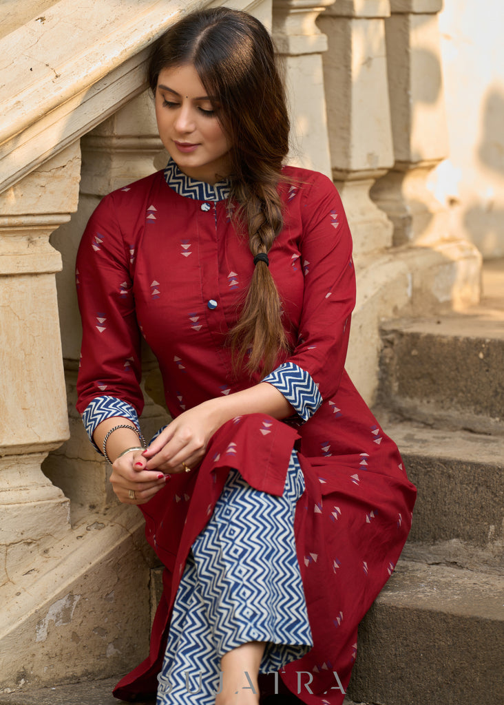 Comfortable maroon cotton kurta with stylish indigo highlights - Indigo pants Optional