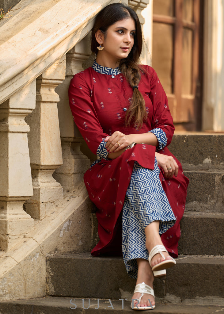 Comfortable maroon cotton kurta with stylish indigo highlights - Indigo pants Optional