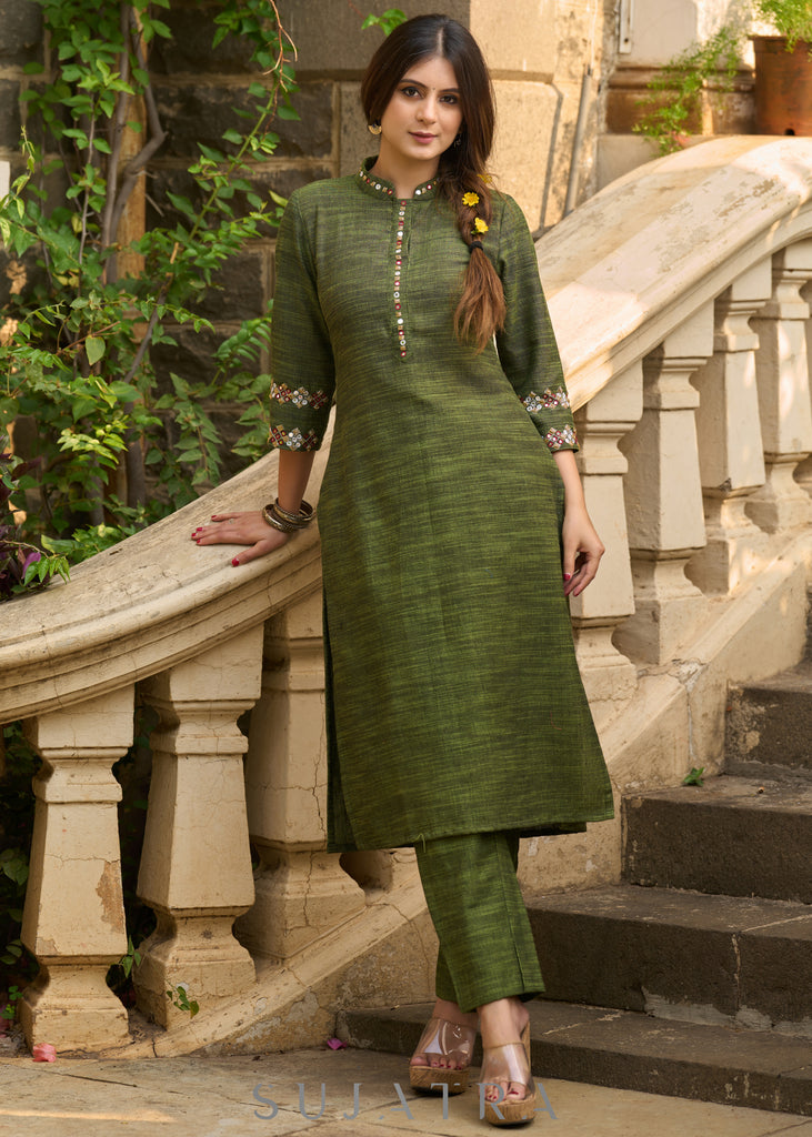 Sophisticated hand-embroidered olive green cotton kurta - Pants Optional