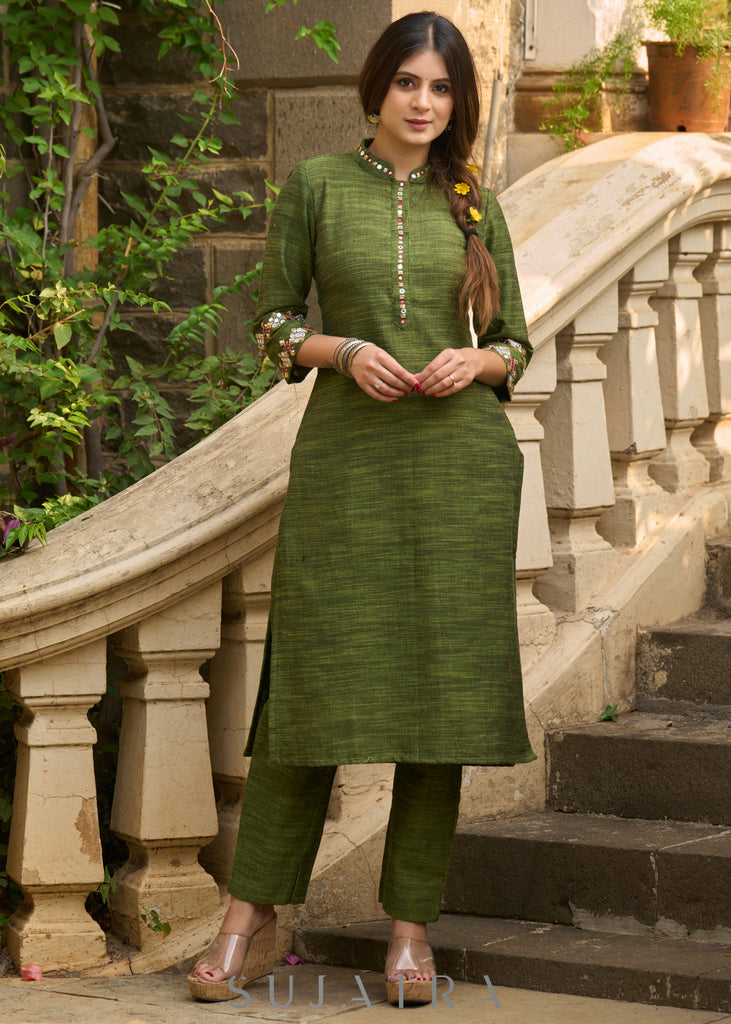 Sophisticated hand-embroidered olive green cotton kurta - Pants Optional