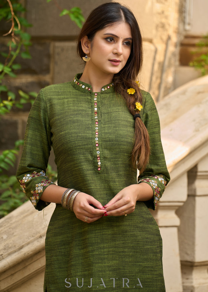 Sophisticated hand-embroidered olive green cotton kurta - Pants Optional