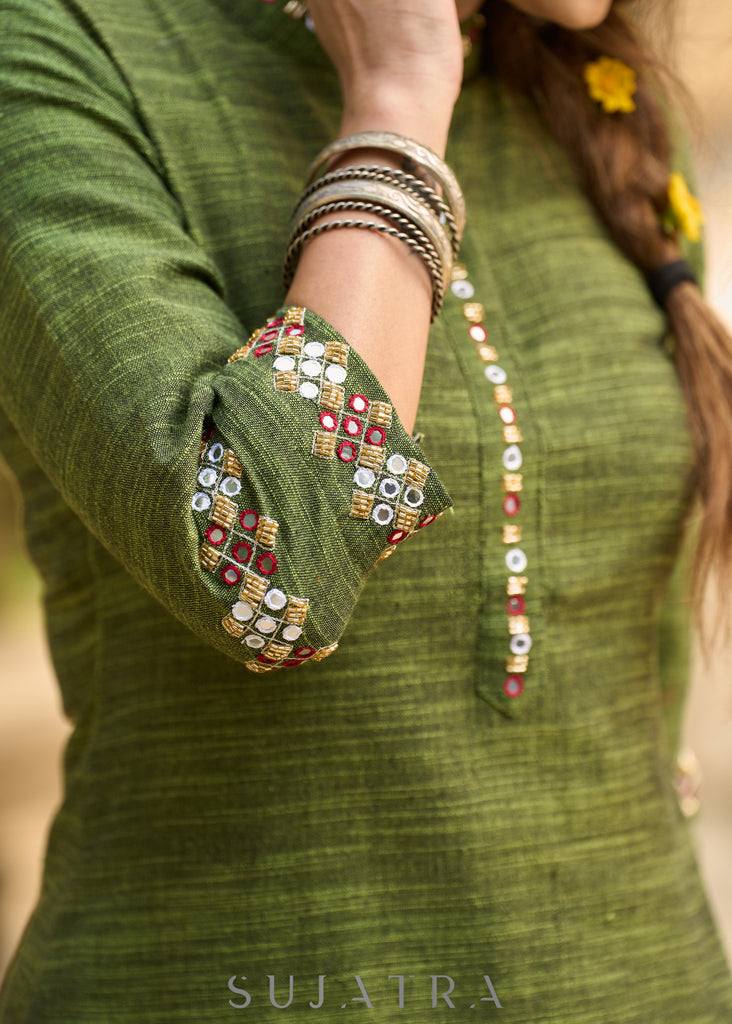 Sophisticated hand-embroidered olive green cotton kurta - Pants Optional