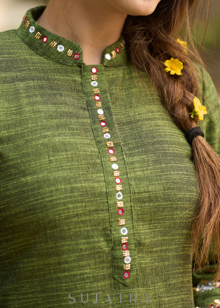 Sophisticated hand-embroidered olive green cotton kurta - Pants Optional