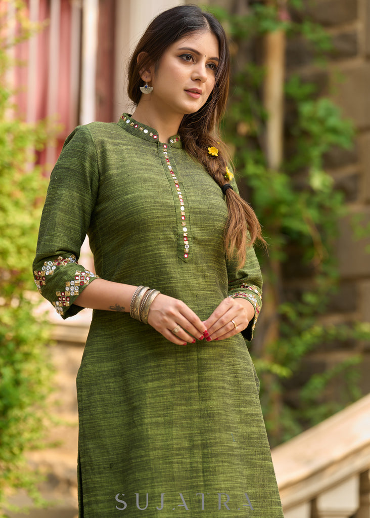 Sophisticated hand-embroidered olive green cotton kurta - Pants Optional