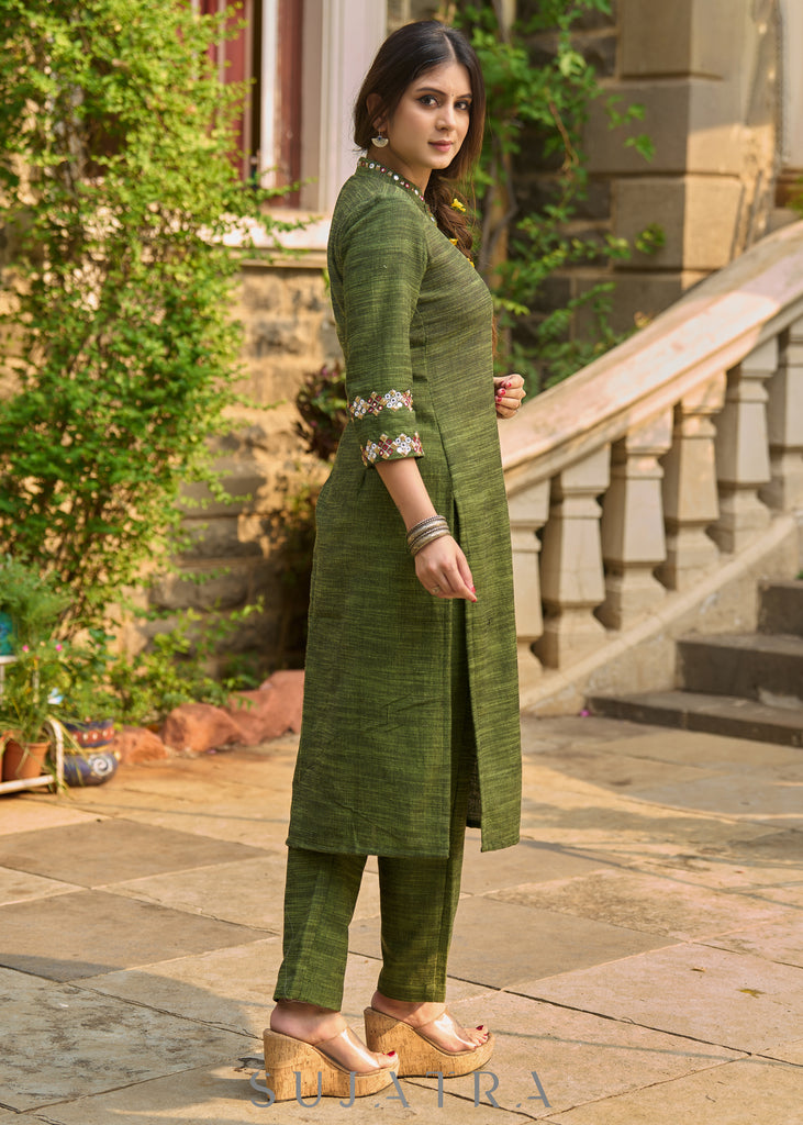 Sophisticated hand-embroidered olive green cotton kurta - Pants Optional