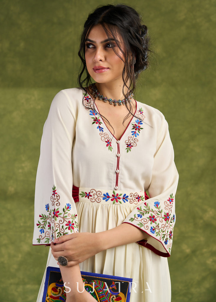 Ivory Embroidered Rayon Dress, Graceful Ivory Dress Adorned With Colourful Floral Embroidery