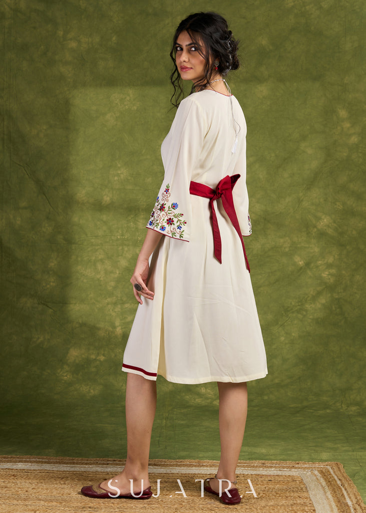 Ivory Embroidered Rayon Dress, Graceful Ivory Dress Adorned With Colourful Floral Embroidery