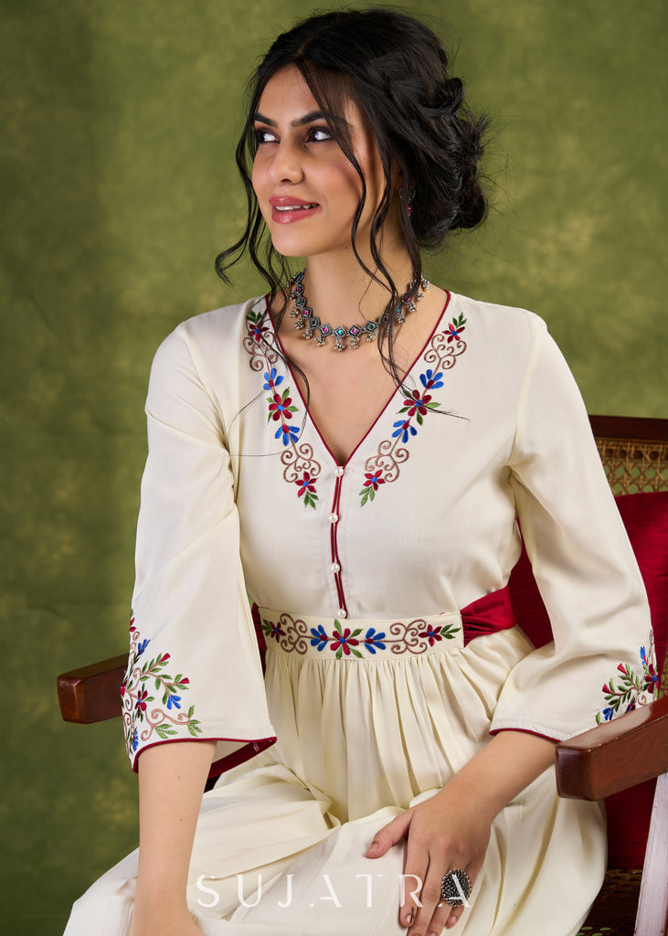 Ivory Embroidered Rayon Dress, Graceful Ivory Dress Adorned With Colourful Floral Embroidery