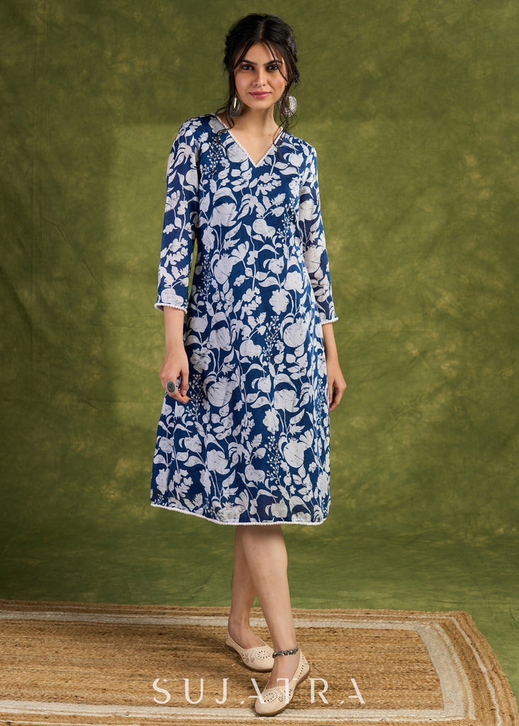 Blue Floral Summer Rayon Dress. Vibrant Blooms On A Soft Blue Canvas