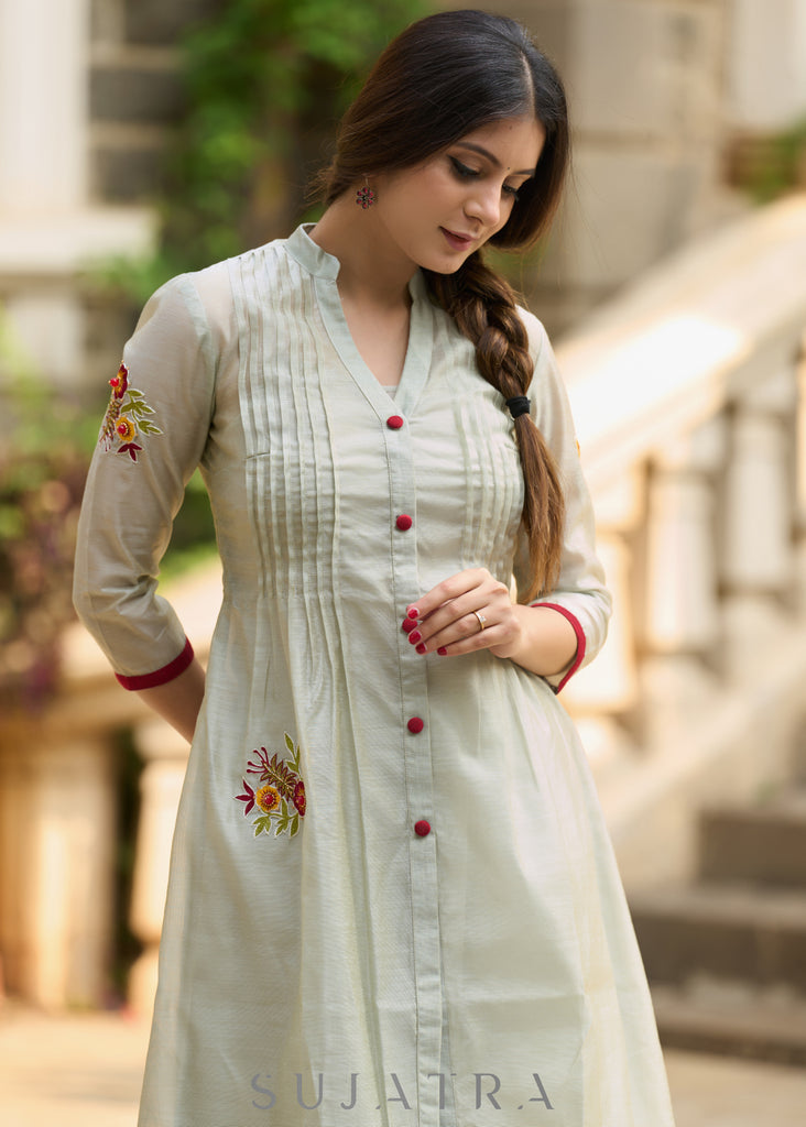 Hand-Embroidered fern chanderi kurta - Pants Optional