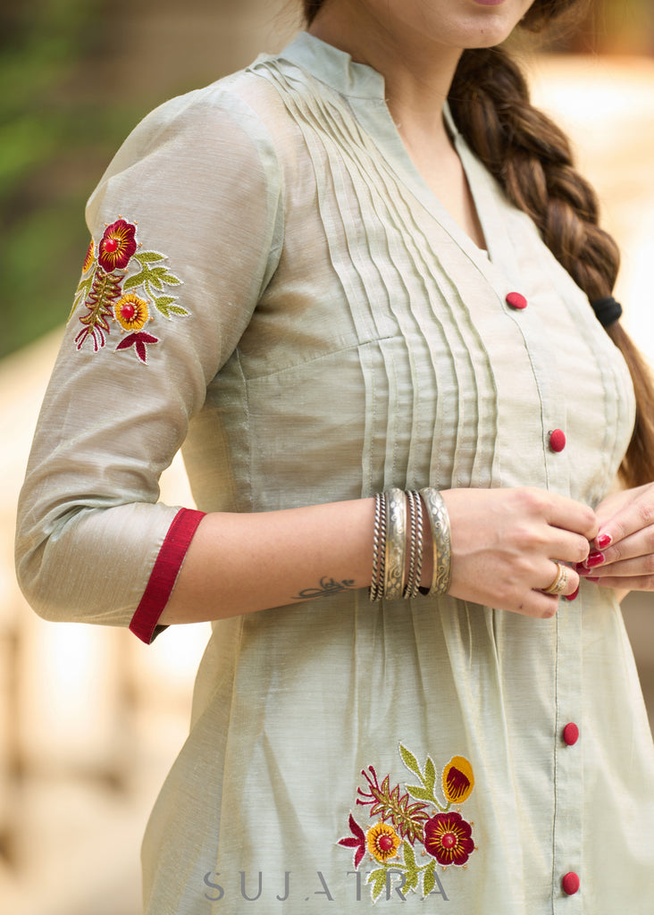 Hand-Embroidered fern chanderi kurta - Pants Optional