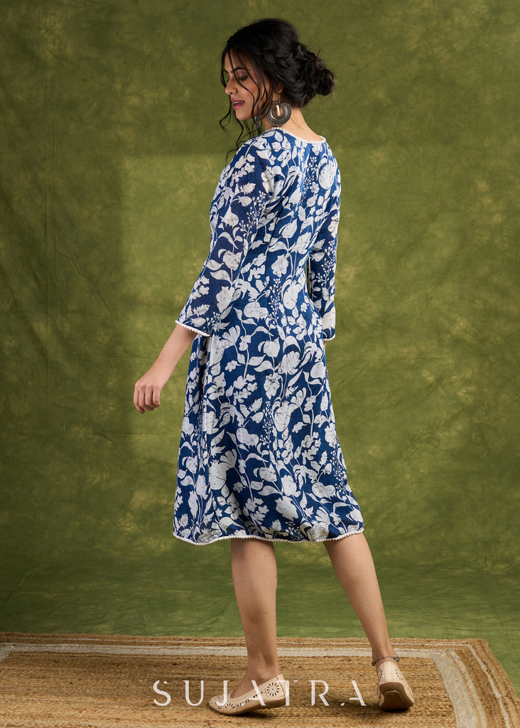 Blue Floral Summer Rayon Dress. Vibrant Blooms On A Soft Blue Canvas